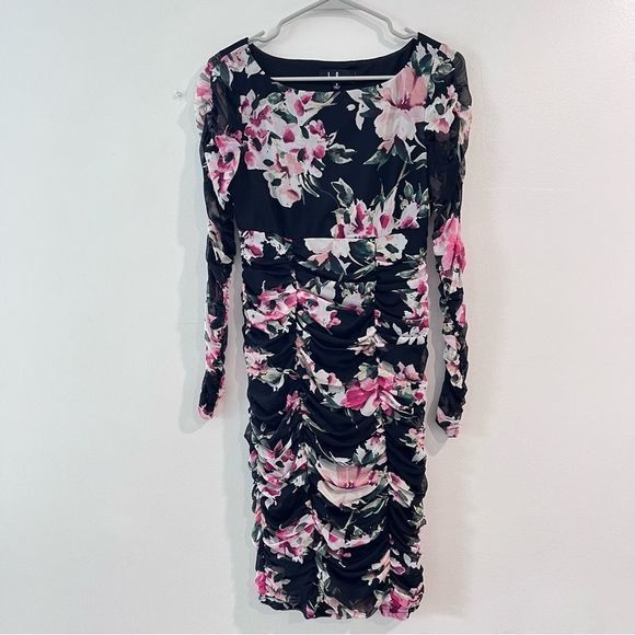 Lulus Ayana‎ Black Pink Floral Ruched Mesh Bodycon Dress SMALL - Picture 5 of 14